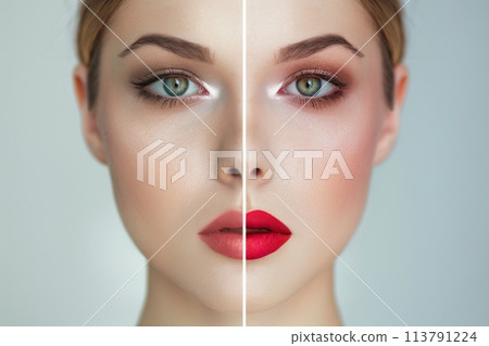 Before and after makeup transformation showcasing natural and glamorous looks 113791224