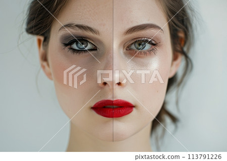 Split view portrait of a woman with and without makeup 113791226