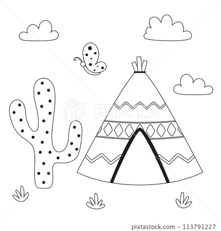 outline flat illustration with wigwam 113791227