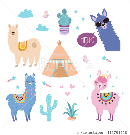 cute cartoon llama set 113791228