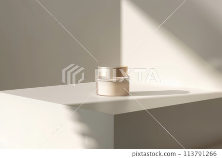 Minimalist beauty product on white podium with soft lighting and shadows 113791266