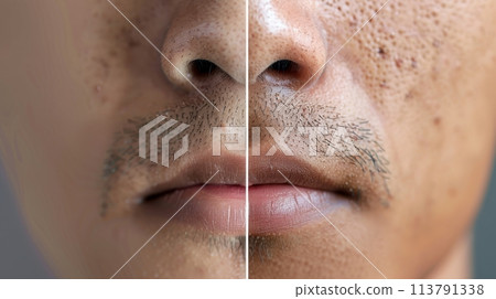 Before and after close-up of nose showing blackhead removal effectiveness 113791338