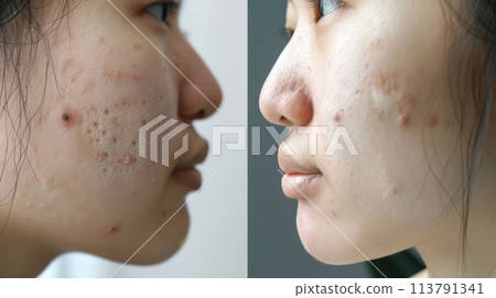 Before and after comparison of blackhead removal on young woman's face 113791341