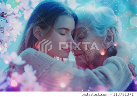Tender moment between a young woman and her elderly grandmother surrounded by blossoms 113791371
