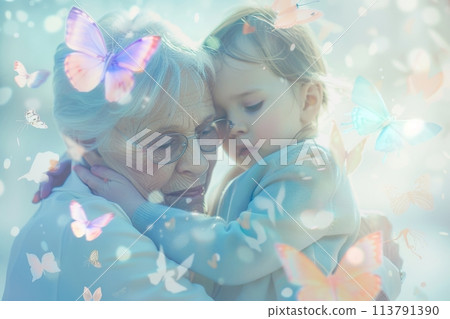 Tender moment between a grandmother and her toddler amidst magical butterflies 113791390