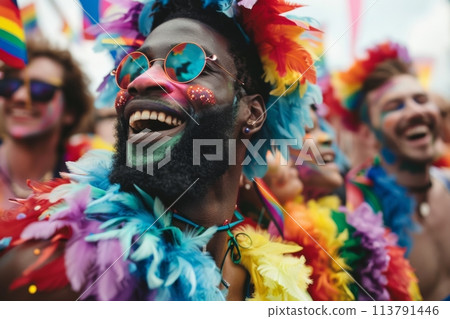 Joyful friends celebrating diversity at a colorful pride parade 113791446