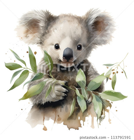 Koala Sitting on Leaves Painting 113791591