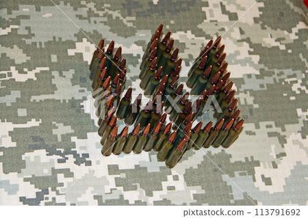 coat of arms of Ukraine laid out from cartridges on camouflage clothing 113791692