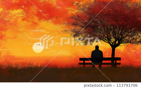 silhouette of serene lonely man sitting on park bench under tree at sunset, tranquility and calmness concept 113791706