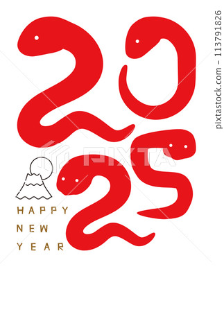2025 Snake Red and Gold Happy New Year Vertical New Year's card Mount Fuji and first sunrise 113791826