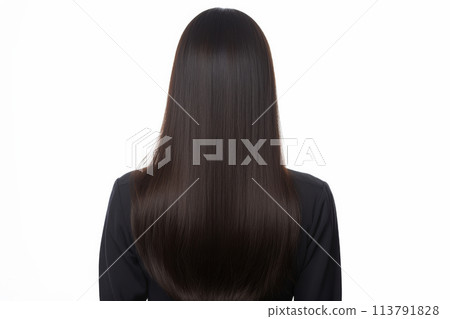 Woman with glossy brunette hair from behind, white backdrop 113791828