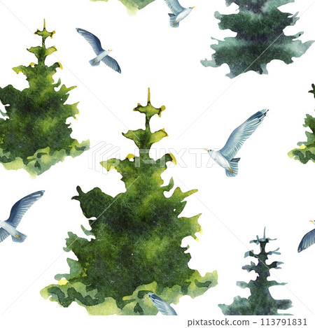 Seamless pattern with bright green Tree and flying seagull. Decorative background with hand painted evergreen forest tree. Decorative background with hand painted evergreen forest tree. Decor design 113791831