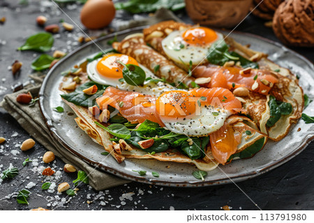 Crepes with eggs and salmon spinach Crepes with eggs and salmon spinach 113791980