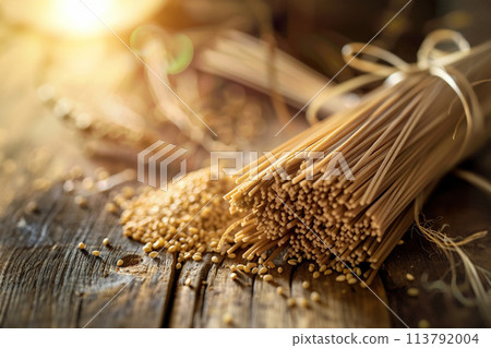 Buckwheat noodles closeup. Raw food ingredient. Dried buckwheat soba noodles. Traditional Japanese food 113792004
