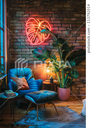 Neon sign monstera as decor of a living room Neon sign monstera as decor of a living room 113792014