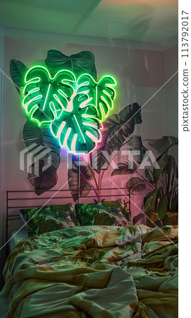 Neon sign monstera as decor of a living room Neon sign monstera as decor of a living room 113792017