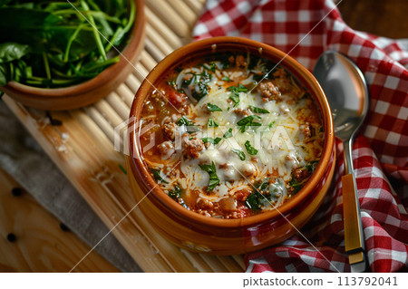 Lasagna soup in a bowl. Made with beef, sausage and spinach 113792041