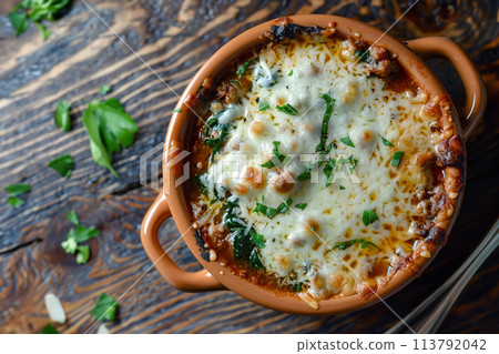 Lasagna soup in a bowl. Made with beef, sausage and spinach Lasagna soup in a bowl. Made with beef, sausage and spinach 113792042