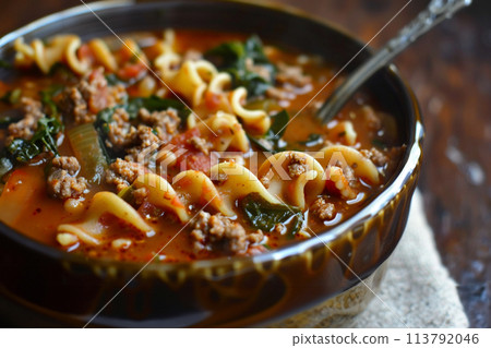 Lasagna soup in a bowl. Made with beef, sausage and spinach Lasagna soup in a bowl. Made with beef, sausage and spinach 113792046