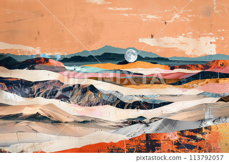 Retro trendy paper collage dune and woman with bedouin wear 113792057