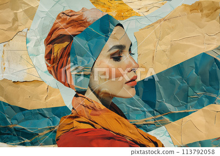 Retro trendy paper collage dune and woman with bedouin wear Retro trendy paper collage dune and woman with bedouin wear 113792058