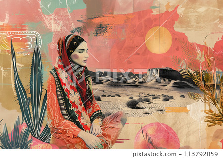 Retro trendy paper collage dune and woman with bedouin wear Retro trendy paper collage dune and woman with bedouin wear 113792059