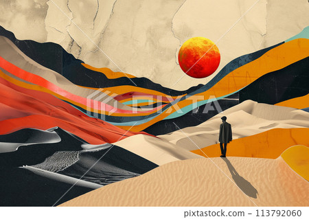 Retro trendy paper collage dune and woman with bedouin wear Retro trendy paper collage dune and woman with bedouin wear 113792060