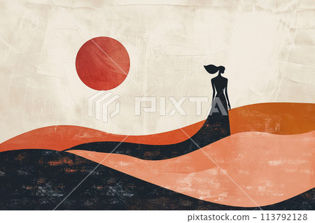 Retro trendy paper collage dune and woman with bedouin wear Retro trendy paper collage dune and woman with bedouin wear 113792128