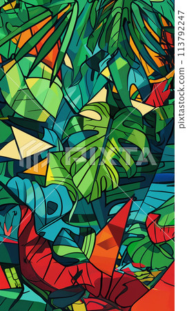 Geometry pattern with tropical leaves. Beautiful allover print with hand drawn exotic plants. botanical design. Geometry pattern with tropical leaves. Beautiful allover print with hand drawn exotic plants. botanical design. 113792247