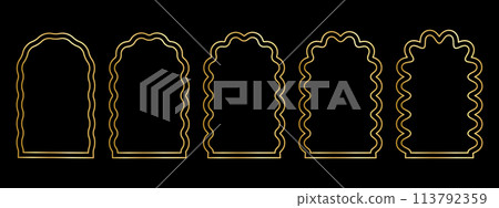 Set of gold arch frames with wiggly edges. Golden archway shapes with scallop borders. Wavy vignettes or mirrors, portals or doors, empty text boxes isolated on dark background. Vector illustration Set of gold arch frames with wiggly edges. Golden archway shapes with scallop borders. Wavy vignettes or mirrors, portals or doors, empty text boxes isolated on dark background. Vector illustration 113792359