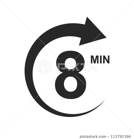 8 min countdown sign. Eight minutes icon with circle arrow. Stopwatch symbol. Sport or cooking timer isolated on white background. Delivery, deadline, duration pictogram. Vector graphic illustration 8 min countdown sign. Eight minutes icon with circle arrow. Stopwatch symbol. Sport or cooking timer isolated on white background. Delivery, deadline, duration pictogram. Vector graphic illustration 113792366