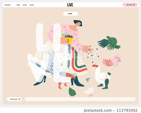 Life Unframed: Birds -modern flat vector concept illustration of a woman feeding birds. Metaphor of unpredictability, imagination, whimsy, cycle of existence, play, growth and discovery Life Unframed: Birds -modern flat vector concept illustration of a woman feeding birds. Metaphor of unpredictability, imagination, whimsy, cycle of existence, play, growth and discovery 113793092