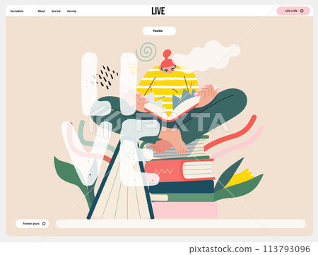 Life Unframed: Book universe -modern flat vector concept illustration of a reader on stack of books. Metaphor of unpredictability, imagination, whimsy, cycle of existence, play, growth and discovery Life Unframed: Book universe -modern flat vector concept illustration of a reader on stack of books. Metaphor of unpredictability, imagination, whimsy, cycle of existence, play, growth and discovery 113793096