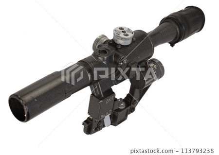 PSO - soviet sniper scope for SVD sniper rifle. Inscriptions in russian up-down and on-off. 113793238