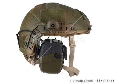 Night vision goggles on military helmet. 113793253