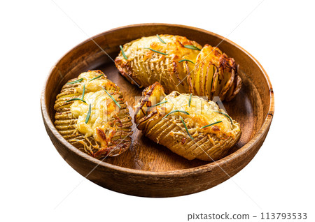 Hasselback potatoes with cheese, garlic and herbs. Isolated on white background. Top view. 113793533