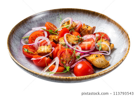 Fresh Vegetarian Panzanella salad with tomatoes, onion and Croutons. Isolated on white background. Top view. 113793543