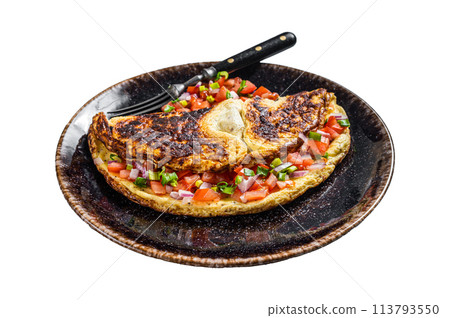 Stuffed egg omelet with tomato, onion and herbs on a plate. Isolated on white background. Top view. 113793550