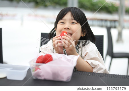 Girl enjoying strawberry hunting Girl enjoying strawberry hunting 113793579