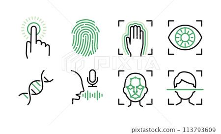 Set of biometric icons Fingerprint, vein, iris, DNA, voice, face, etc. Variable line width 113793609