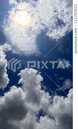 Magnificent beautiful form of cumulonimbus clouds blue sky cloud gradient light white background. Beauty clear cloudy in sunshine calm bright air background 113793623