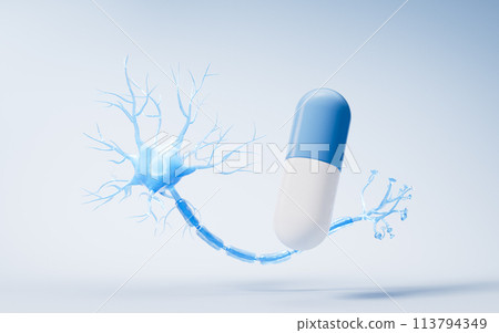 Medical capsule and biology nerve cell background, 3d rendering. Medical capsule and biology nerve cell background, 3d rendering. 113794349