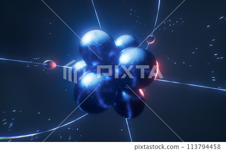 Physics atom with dark blue background, 3d rendering. Physics atom with dark blue background, 3d rendering. 113794458