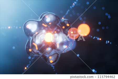 Physics atom with dark blue background, 3d rendering. 113794462