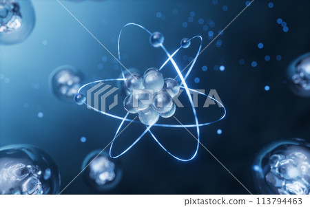 Physics atom with dark blue background, 3d rendering. 113794463