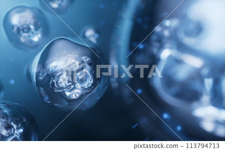 Transparent cell with biotechnology and cosmetic concept, 3d rendering. Transparent cell with biotechnology and cosmetic concept, 3d rendering. 113794713