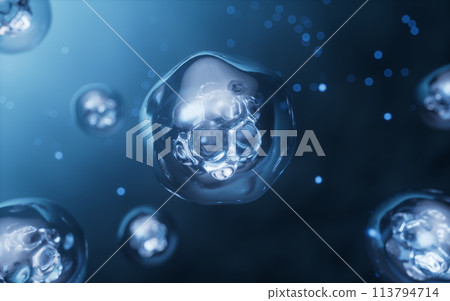 Transparent cell with biotechnology and cosmetic concept, 3d rendering. Transparent cell with biotechnology and cosmetic concept, 3d rendering. 113794714