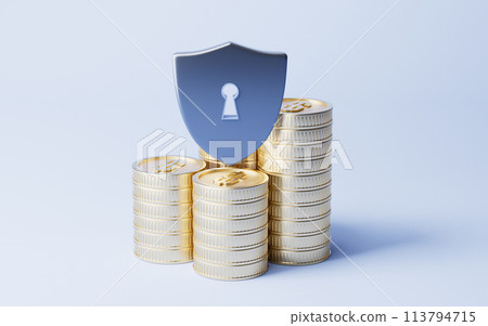 Safety shield and golden coins, 3d rendering. Safety shield and golden coins, 3d rendering. 113794715