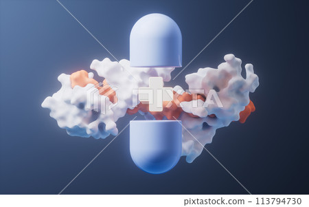 Medical capsule and protein, 3d rendering. Medical capsule and protein, 3d rendering. 113794730