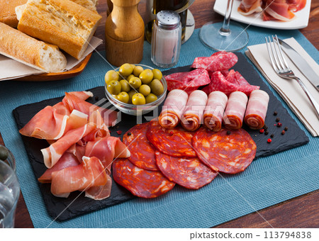 Cold cuts from ham, bacon, sausages on slate plate Cold cuts from ham, bacon, sausages on slate plate 113794838